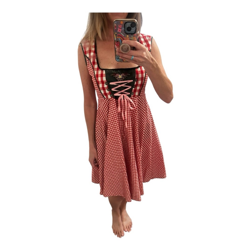 Red Gingham Midi Dress with Lace-Up Bodice
